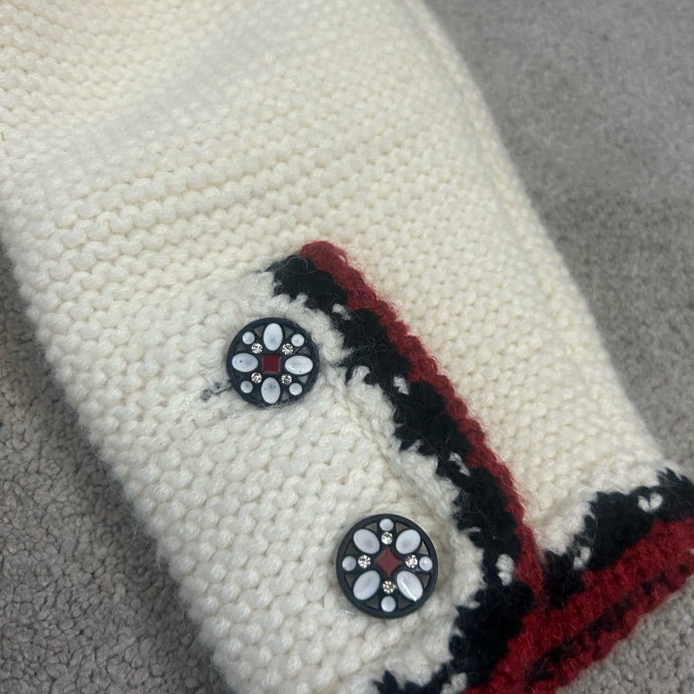 Cream Knit Cardigan with Red and Black Trim Diamond buttons size M - Picture 4 of 4